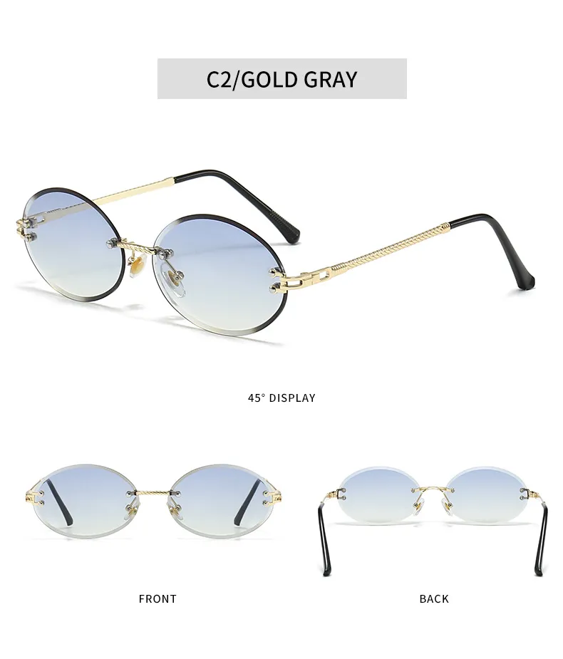 Moda Czarny Metal Owalny Kobiety Trend 2024 Vintage Okulary przeciwsłoneczne Bez Oprawek Dla Kobiet Projektant Mody Małe Okulary UV400 Oculus_voghion.com