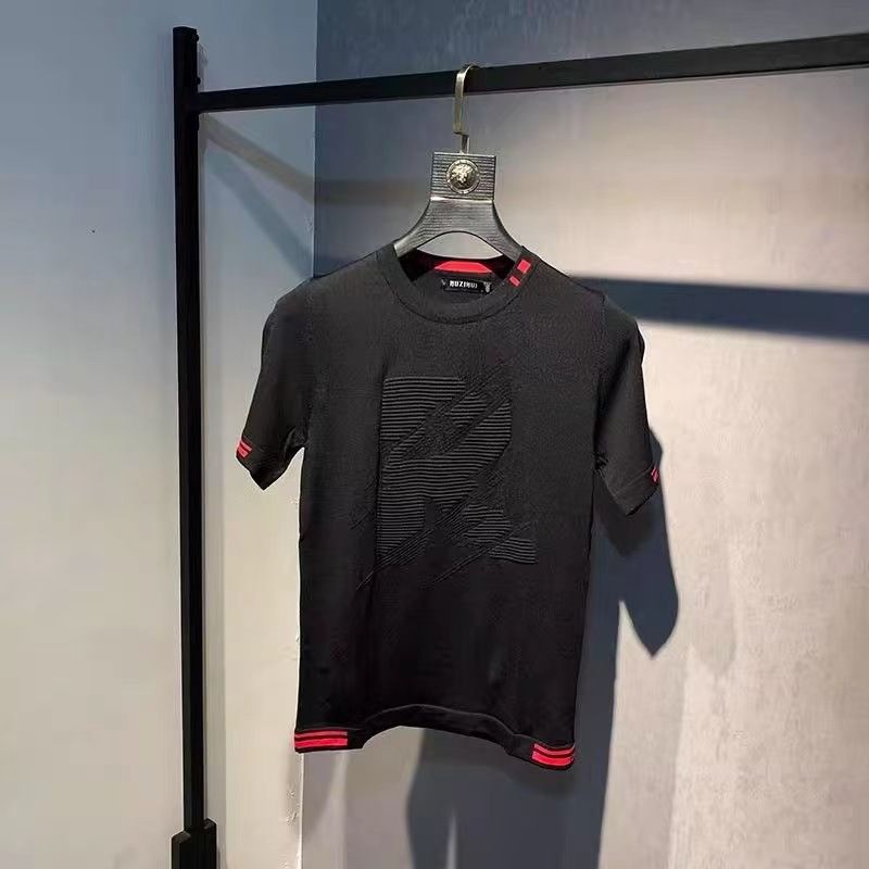 Maglione estivo alla moda, a maniche corte, con scollo rotondo, in tinta unita e sottile, da uomo, in maglia jacquard, vestibilità slim._voghion.com