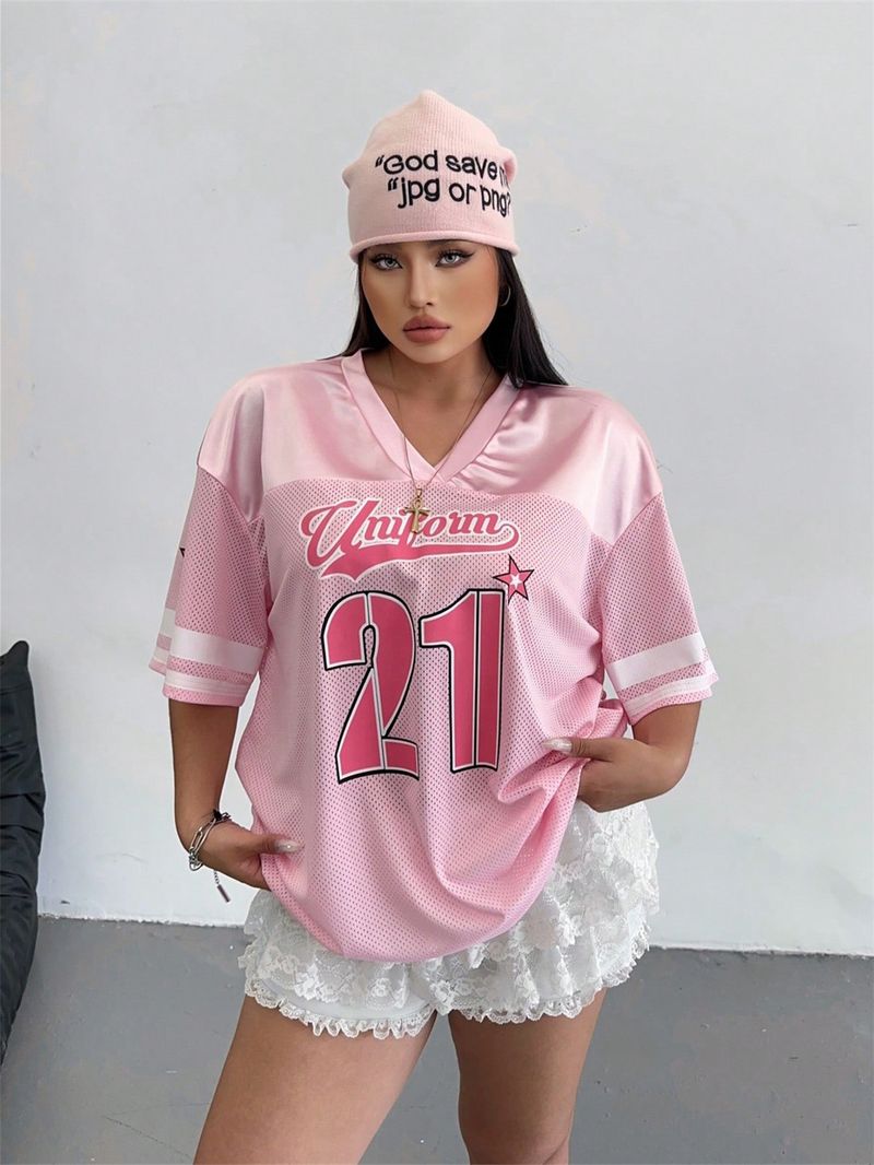 [Jersey] Damenbekleidung Modetrend Street Printing Mädchenstil Locker Lässig V-Ausschnitt Top T-Shirt Retro Kurzarm_voghion.com