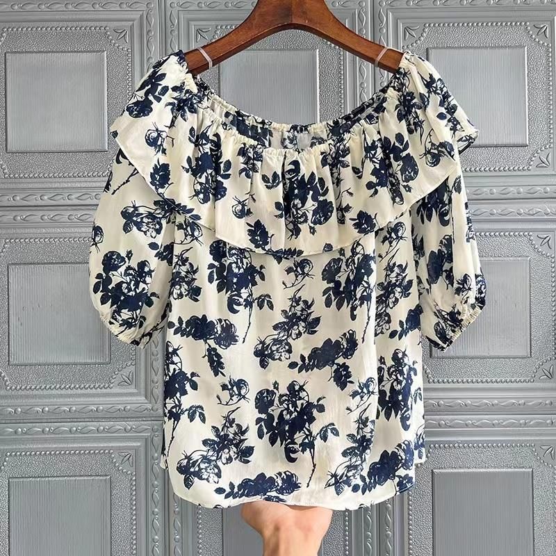 Dammekleeder nei Summer locker One-Shoulder-Kraang Maulbeerseid Top blo Blumenhemd_voghion.com