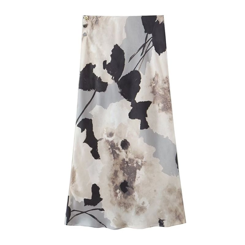 Damen-Set aus Satin mit bedrucktem Hemd und Rock – modisches Frühlingsoutfit aus Bluse und Midirock_voghion.com