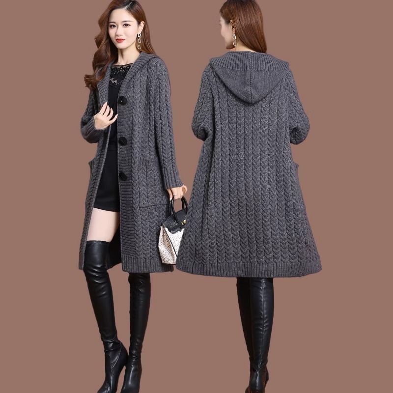 K Retro Twisted-Stitch Cardigan, Mittellang, Übergröße, Overknee, Kapuzenmantel, Modische Pulloverjacke Für_voghion.com