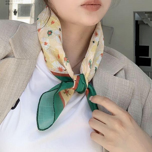 Sciarpa quadrata piccola floreale in cotone e lino per donna, versione coreana, sciarpa in seta nuova primavera autunno, decorazione artistica_voghion.com