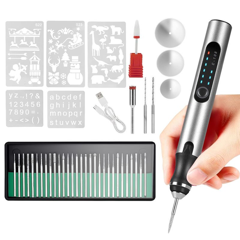 Electric Engraving Pen with 33Pcs Burr Bits 5Pcs Stencils 3 Gears Speed Rechargeable Cordless Professional Engraver Etching Machine For Jewelry Glass _voghion.com