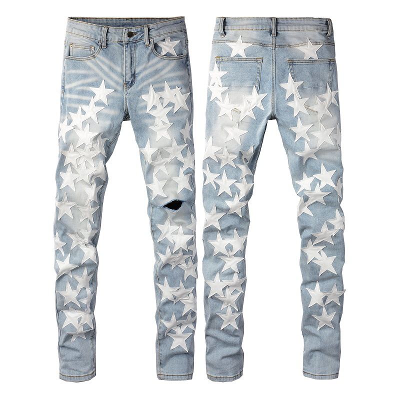 Jeans alla moda da uomo, in PU bianco con stelle, elastici, vestibilità slim, alla moda, casual, taglia 690_voghion.com