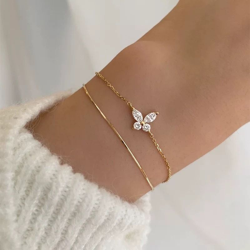 S Pure Silver Plated 14K Gold Butterfly Inlaid Diamond Bracelet For Women's Niche Design, Simple, Light Luxury, High-end_voghion.com