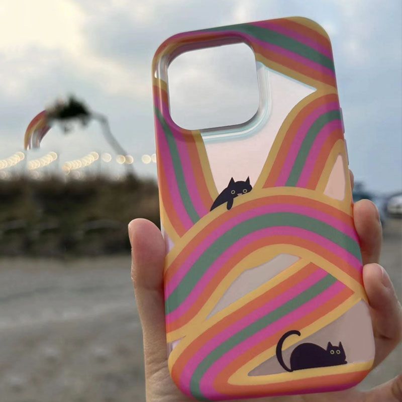 Funda Niche Ins Rainbow Black Cat 11, compatible con iPhone 14, 15 Pro Max, iPhone 13, todo incluido, XR, para mujer, 12_voghion.com