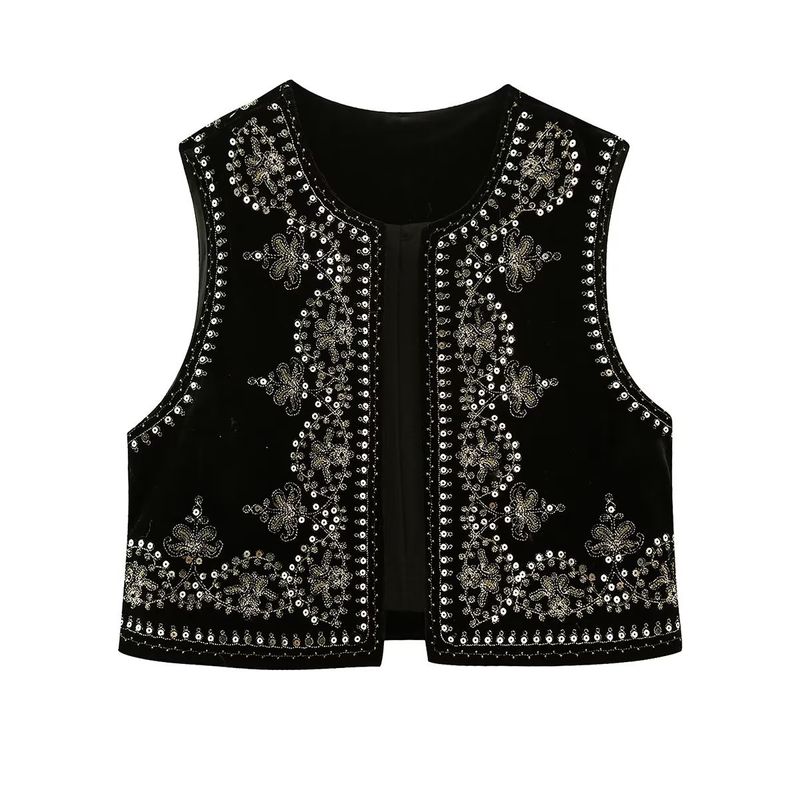 Damen kleidung perlen bestickte weste weste Y2K schwarz samt weste top 8ES_voghion.com