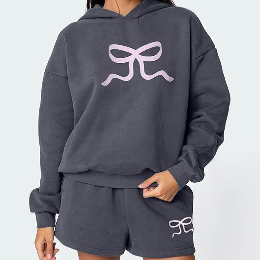 Felpa con cappuccio e maniche lunghe con stampa a fiocco, ampia e spessa, set da donna, pantaloncini casual alla moda_voghion.com