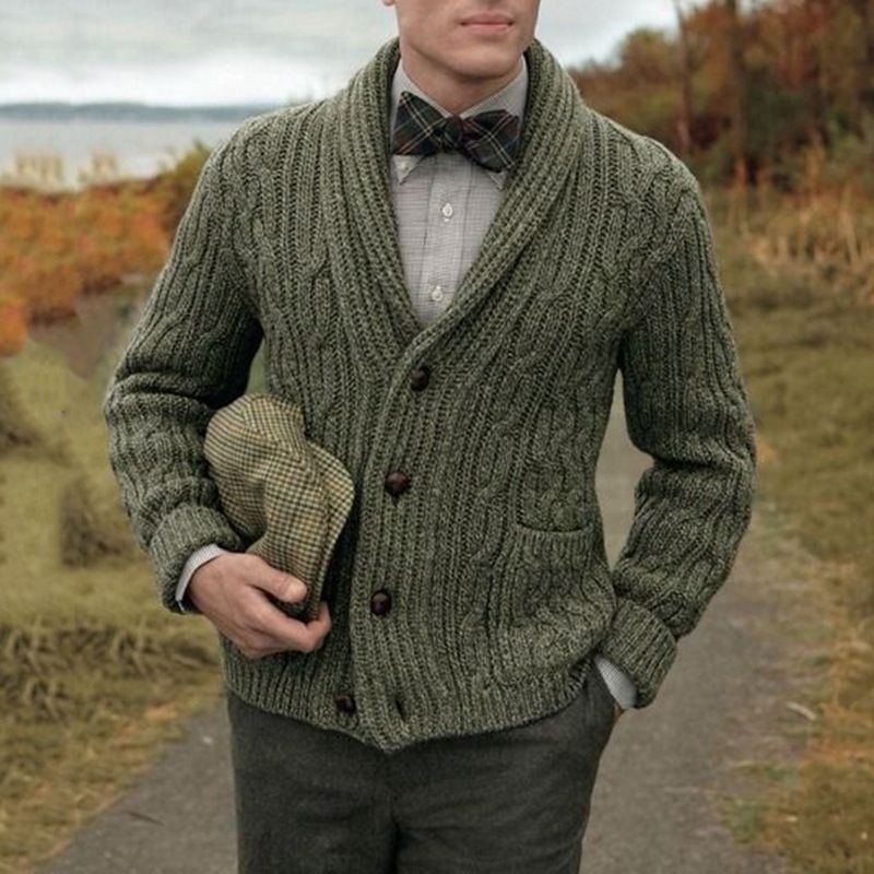 ​​Men's Winter Knit Cardigan With Notch Lapel, Long Sleeve Single Button Cable Design – Slim Fit, Stretchable Breathable, Casual Business Wear ​​_voghion.com