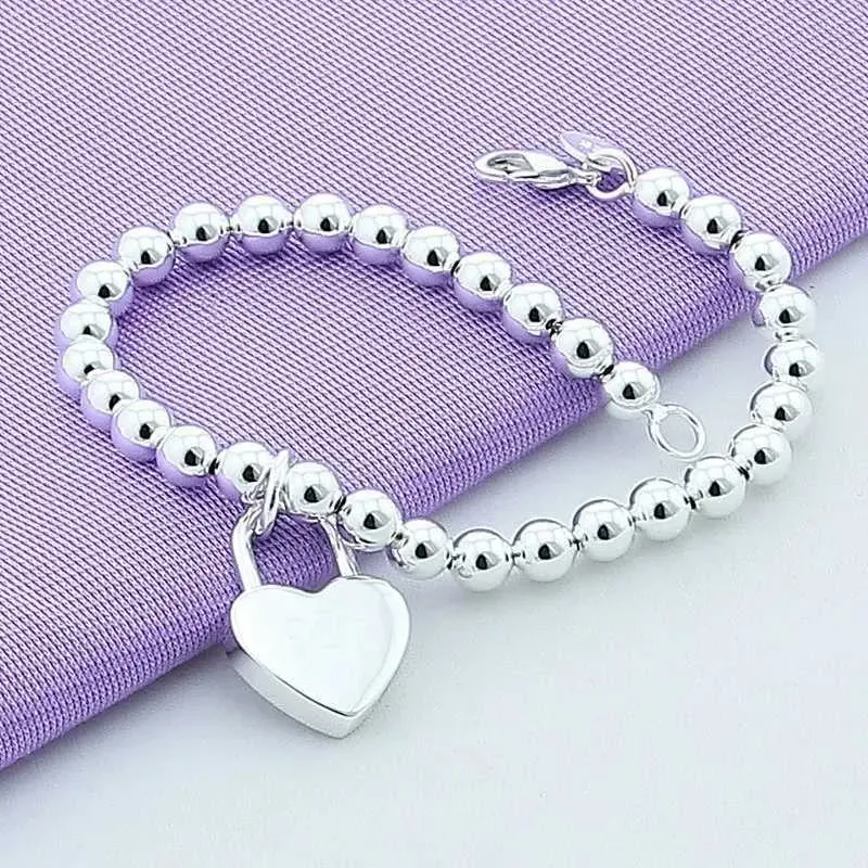 Veriga Sterling Sier Heart Lock style 6MM kroglice zapestnice nakit ženske vrhunske kakovosti ljubitelji poročna zabava božično darilo H240504_voghion.com