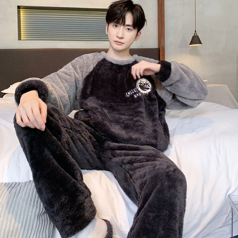 Men's Sleepwear Autumn and Thickened Coral Velvet Winter Long Sleeve Warm Flannel Youth Home Furnishing Set_voghion.com