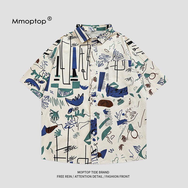 Men's Clothing Summer Graffiti Short Sleeved Floral Shirt Men's Beach Couple Shirt Boys_voghion.com