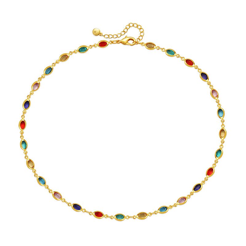 Bohemian style colored glass diamond clavicle chain plated with K real gold chain holiday style travel ethnic style necklace_voghion.com