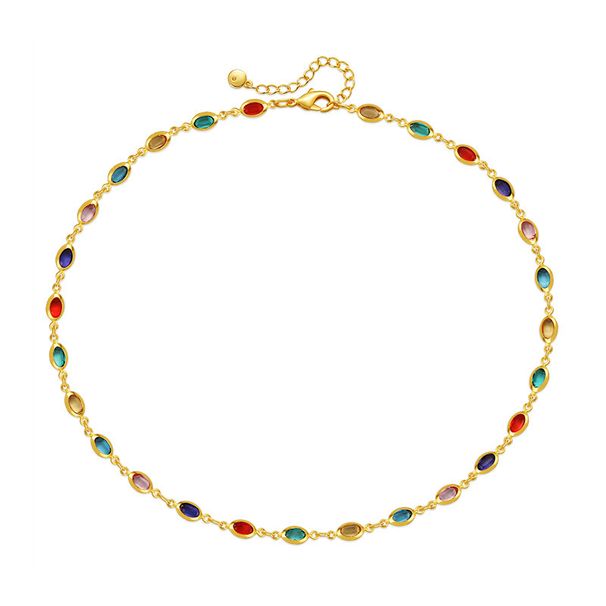 Böhmischer Stil farbige Glasdiamant-Schlüsselbeinkette mit echter K-Gold-Kette Urlaubsstil Reise ethnischer Stil Halskette_voghion.com