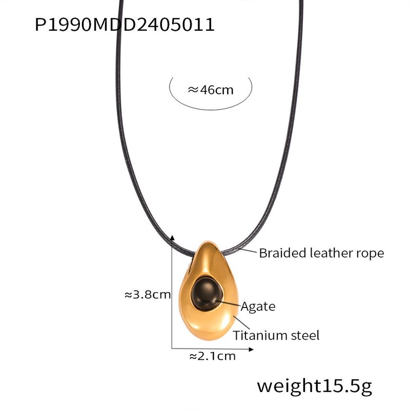 INS Internet-Promi-Mode beliebt Titan Stahl vergoldet Leder Seil Wassertropfen eingelegt Achat Anhänger Halskette Schmuck für Frauen_voghion.com