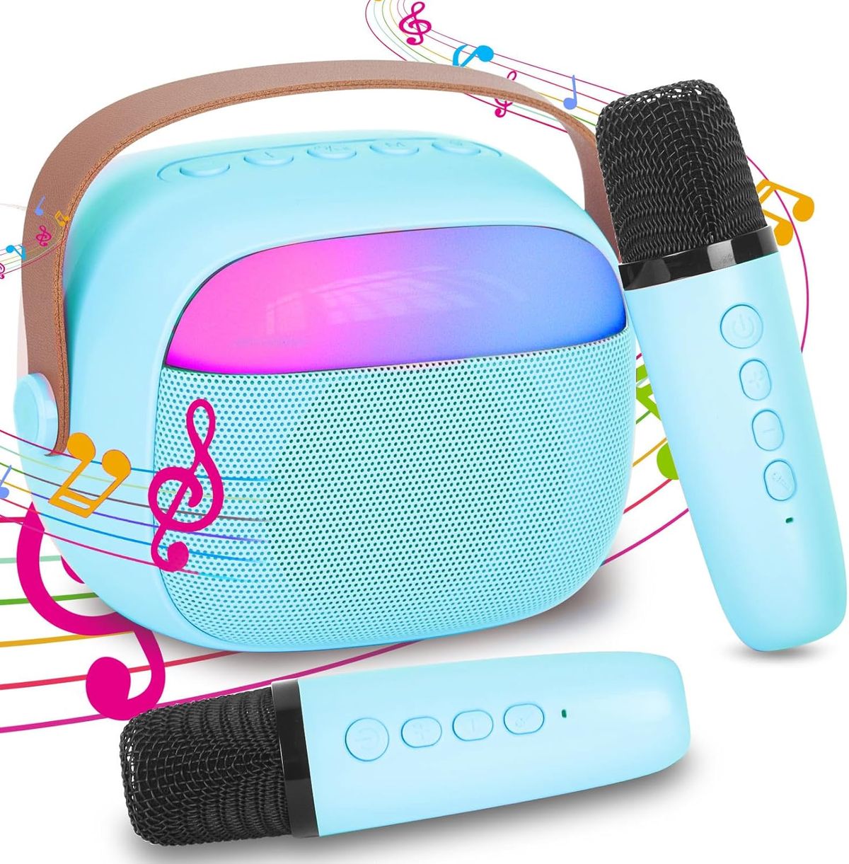 Children's Karaoke Machine With 2 Wireless Microphones, Portable Bluetooth KTV System, Speaker With Voice Changing Effects & LED Lights_voghion.com