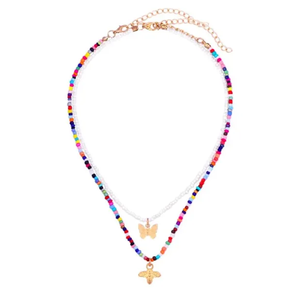 Collane con ciondolo 2 pezzi/set collana con perline a forma di farfalla e ape in oro per donna filo di perline di semi acrilici bianchi colorati_voghion.com