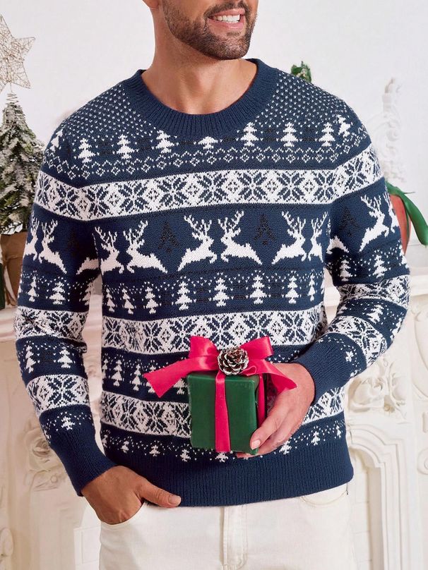 Men's Christmas Sweater Retro Knit Pullover With Nordic Pattern, Soft Crewneck Long Sleeve Tops For Holiday Party Winter Casual Wear_voghion.com