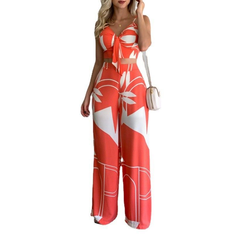 Vêtements pour femmes 2023 nouveau costume décontracté en faux lin col en V gilet court taille haute imprimé pantalon à jambes larges ensemble deux pièces_voghion.com