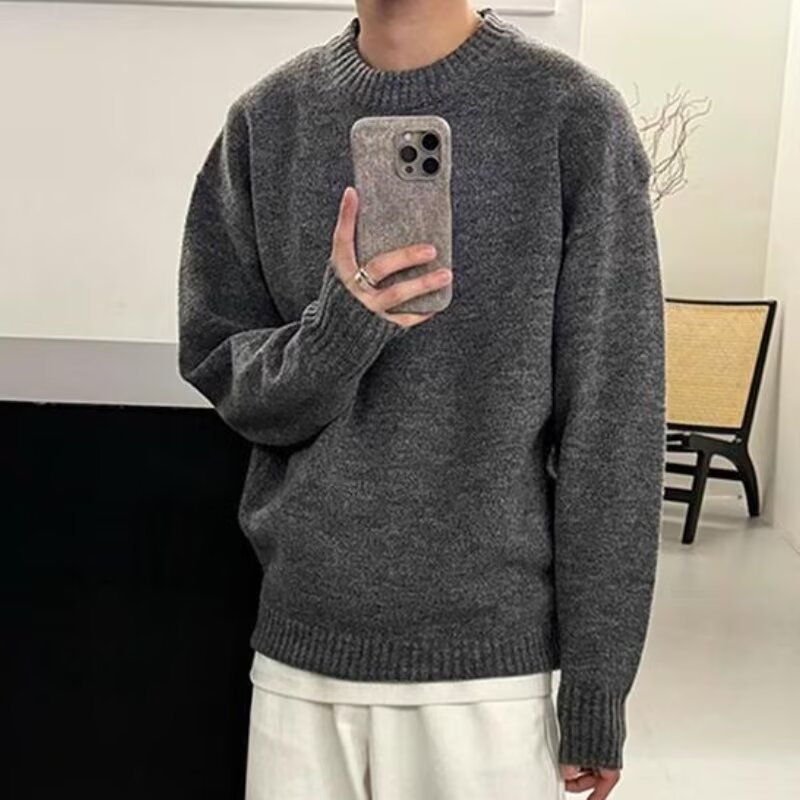 Maglione oversize da uomo in maglia – Pullover streetwear coreano con trama simile al mohair (grigio scuro, M-3XL)_voghion.com