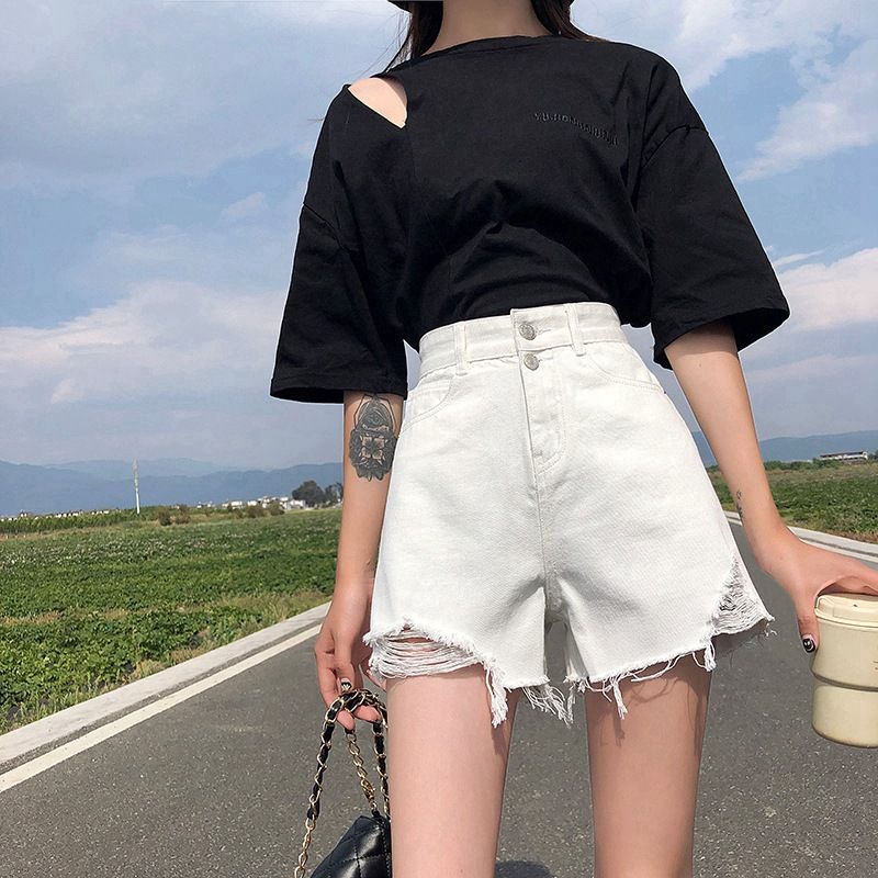 Denimshorts med høy midje for kvinner sommeren 2024 nye, løse A-linje brede ben for studenter å se slankere og allsidig ut med_voghion.com