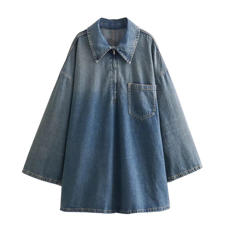 Women's Clothing Simple Fashion All Match Style Lapel Loose Denim Dress_voghion.com