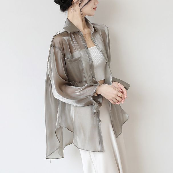 Γυναικεία ρούχα γυναικεία λεπτή ζακέτα σάλι καλοκαιρινή συναρμολόγηση ζαρτιέ φούστα εξωτερικό κάλυμμα tencel πουκάμισο σιφόν πάνω_voghion.com