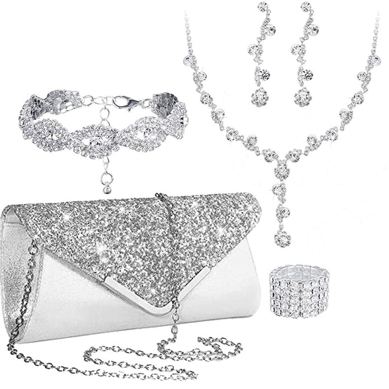 Damen Abendtaschen Handtasche Mode Volldiamant Hochzeitsessen Paket Schmuckset Halskette Ohrringe Armband Elastischer Ring Fünfteiliges Set_voghion.com