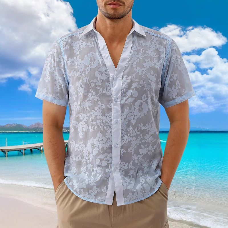 Herrenbekleidung Jacquard-Hemd Transparent Hollow Kurzarm Dünn Urlaub Strandhemd_voghion.com