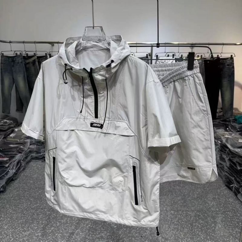 Abbigliamento da uomo estivo, sottile, ad asciugatura rapida, a maniche corte, pantaloncini, tuta da lavoro, con cappuccio, due pezzi_voghion.com