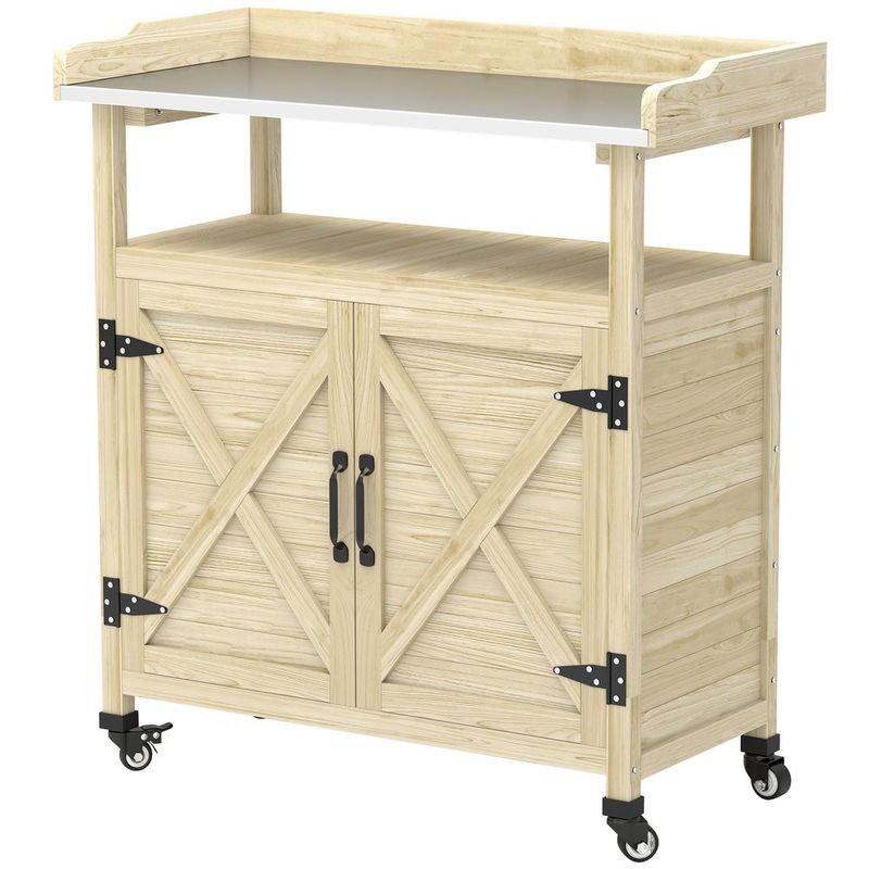 Outdoor Wooden Potting Bench With Storage Cabinet, Aluminum Tabletop, Rubber Wheels For Backyard, Patio, Natural Wood_voghion.com