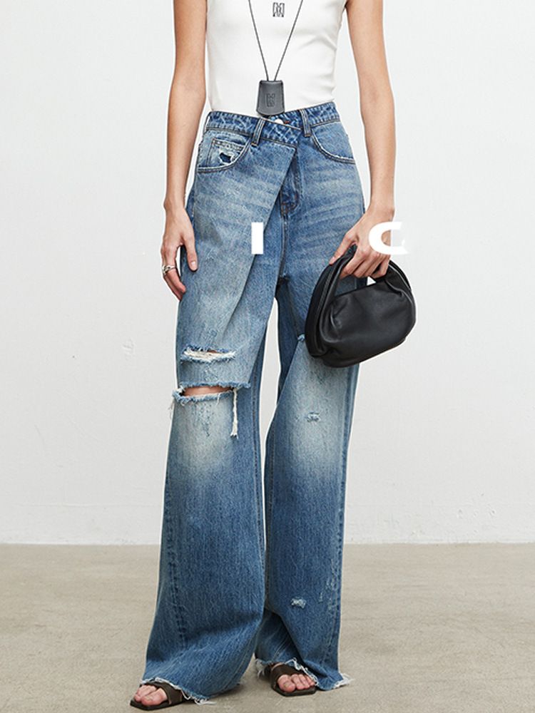 Damenbekleidung im minimalistischen, coolen und modischen Stil, aus der Türkei importierte, zerrissene, unregelmäßig gefaltete Knopfleiste, Lazy Jeans für Damen_voghion.com