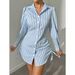 Camicia a maniche lunghe con coulisse laterale a righe da donna – Blusa casual primaverile-estiva con maniche a sbuffo e fiocco, top in poliestere slim fit_voghion.com