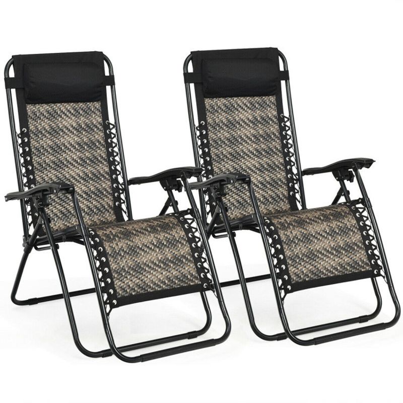 2 Pieces Folding Patio Rattan Zero Gravity Lounge Chair_voghion.com