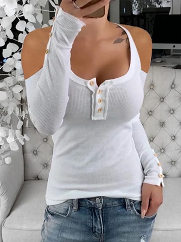2025 New Ribbed T-shirt For Women, Slim Fit And Slimming, Off The Shoulder Button Top As A Base Coat_voghion.com