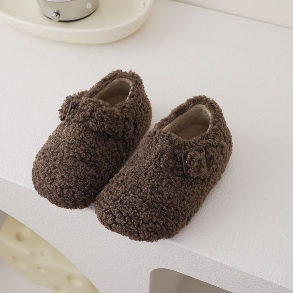 Kids' Fleece-Lined Indoor Slippers – Cozy Winter House Shoes With Hook & Loop Closure (Unisex, Sizes 23-32, Beige/Brown/Black)_voghion.com