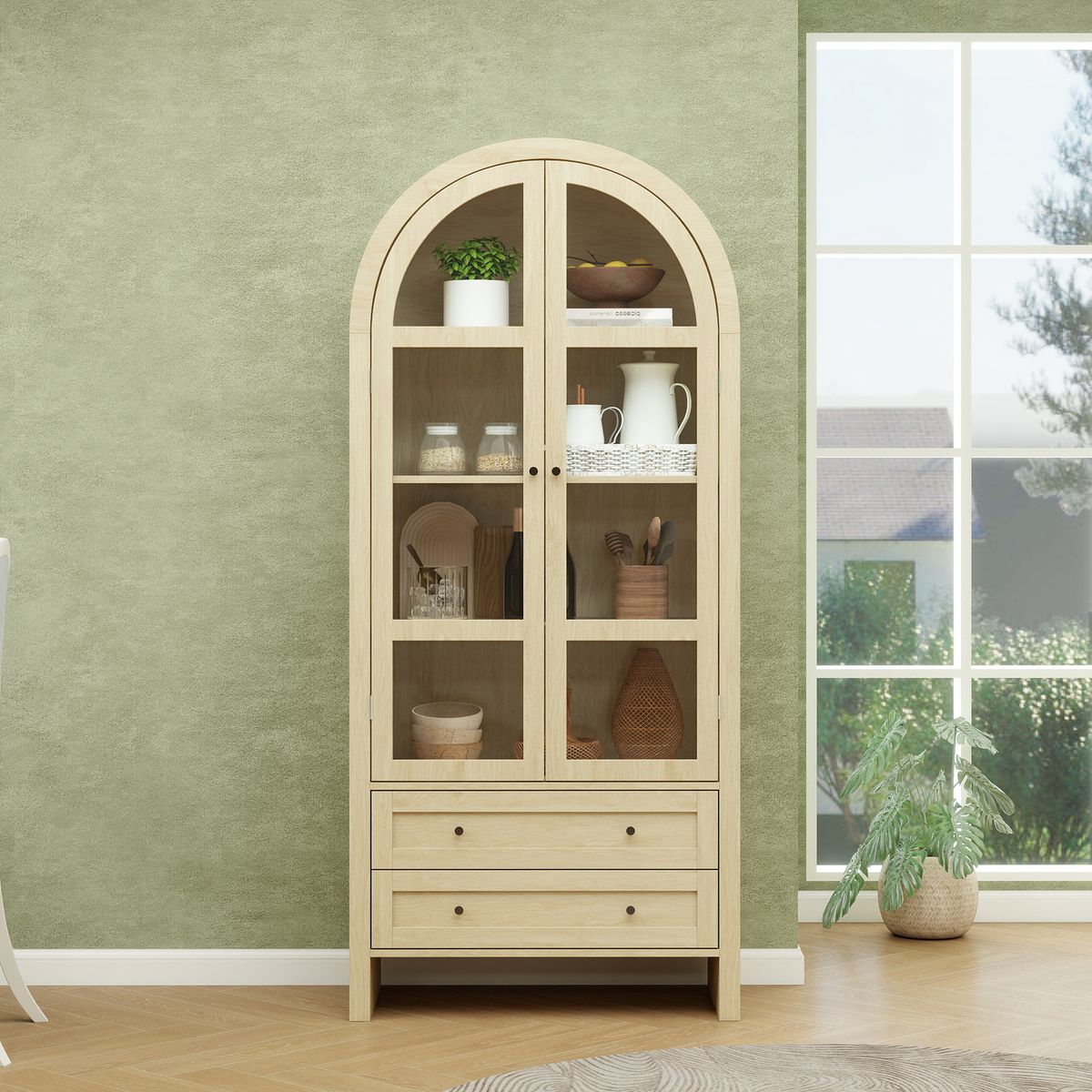 Hochschrank Naturfarben 178cm con vidrio acrílico, 2 hojas, Bogenförmig_voghion.com