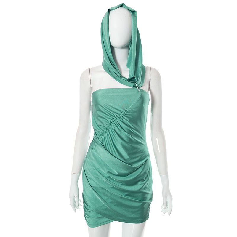 Women's summer new solid color irregular hooded chest spread backpack buttock dress_voghion.com
