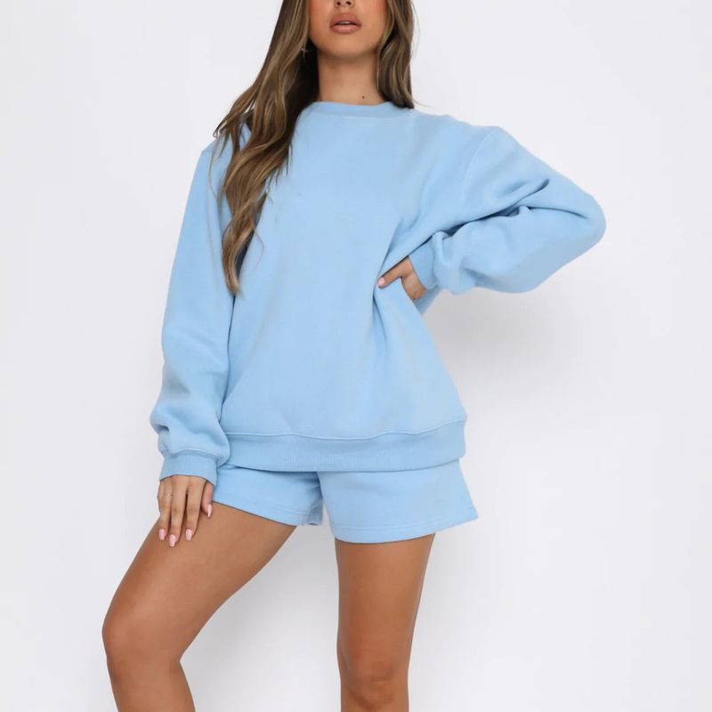Oversized-Sweatshirt und Shorts für Damen – Weiches Polyester-Loungewear-Set (7 Farben: Beige, Kaffee, Grün, Schwarz, Grau, Blau, Camel)_voghion.com