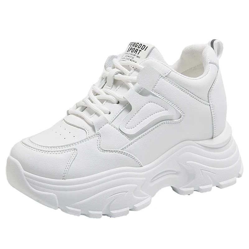 Baskets blanches à plateforme pour femmes, chaussures de sport à lacets et à semelle épaisse, en cuir Pu, respirantes, de marche, automne 2023_voghion.com