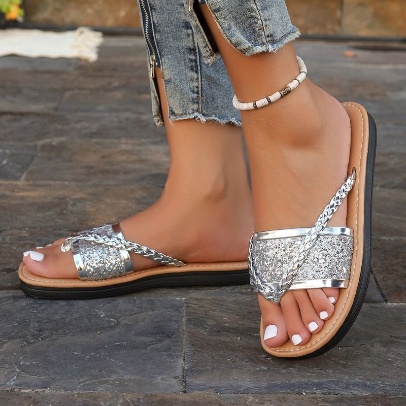 Shoes Single Shoe Flat Slippers Fashionable Woven Sequined Casual Flip Flops_voghion.com