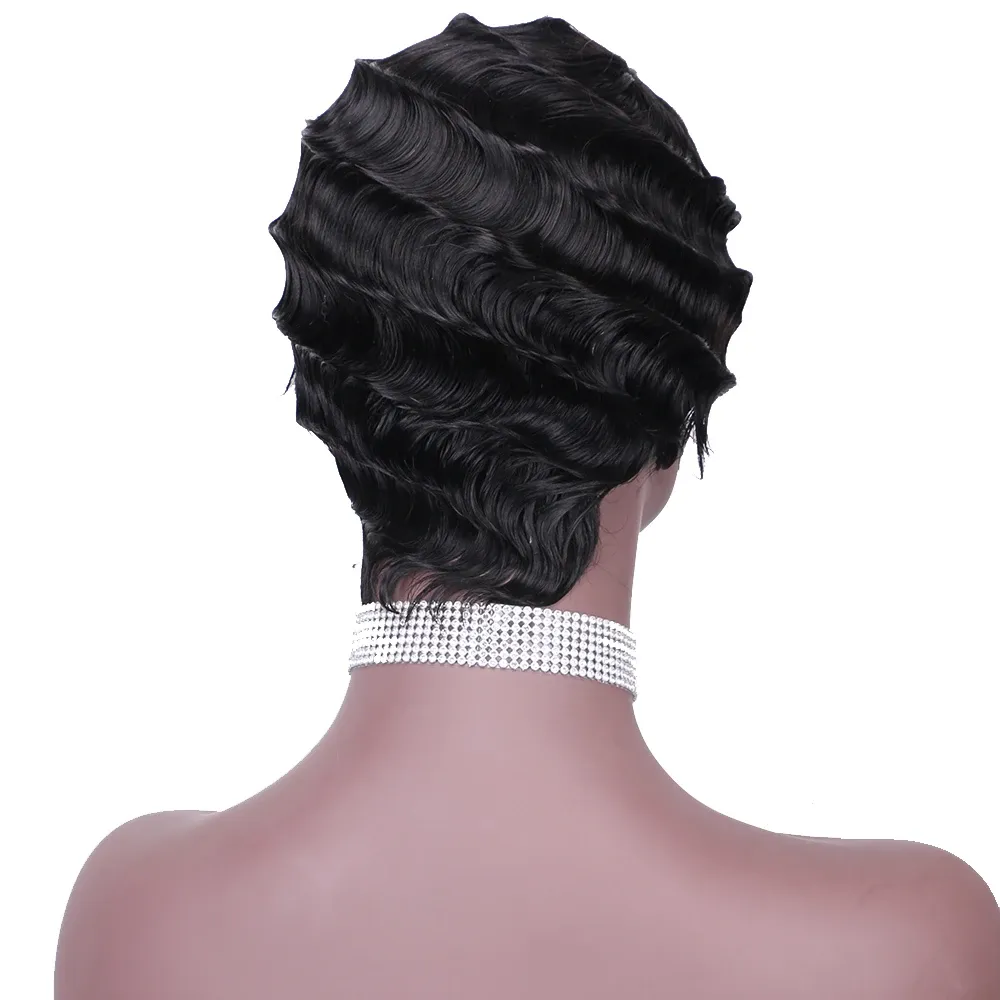 Parrucche corte per capelli umani, taglio pixie, parrucche con onde sulle dita, parrucche completamente realizzate a macchina per donne nere_voghion.com