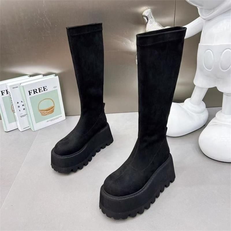 2024 neue Absätze über dem Knie lang für Frauen im Winter, elastischer Stoff dicke Sohle, Biskuit runde Spitze Ritterstiefel,_voghion.com