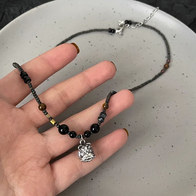 Sterg VENUS Sier Obsidian Lion Necklace For Women Girl Weave Round Ball Ethnic Jewelry Dropshipping_voghion.com