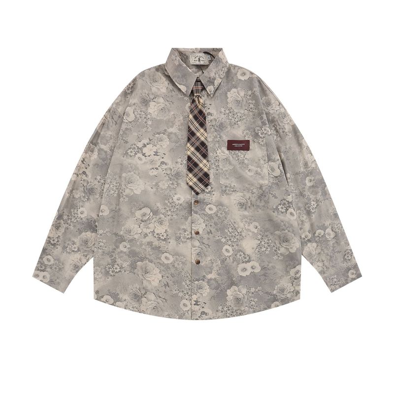 Abbigliamento da uomo Camicia a maniche lunghe con stampa completa di fiori vintage, marchio di moda da uomo, camicia a fiori sciolta e pigra_voghion.com
