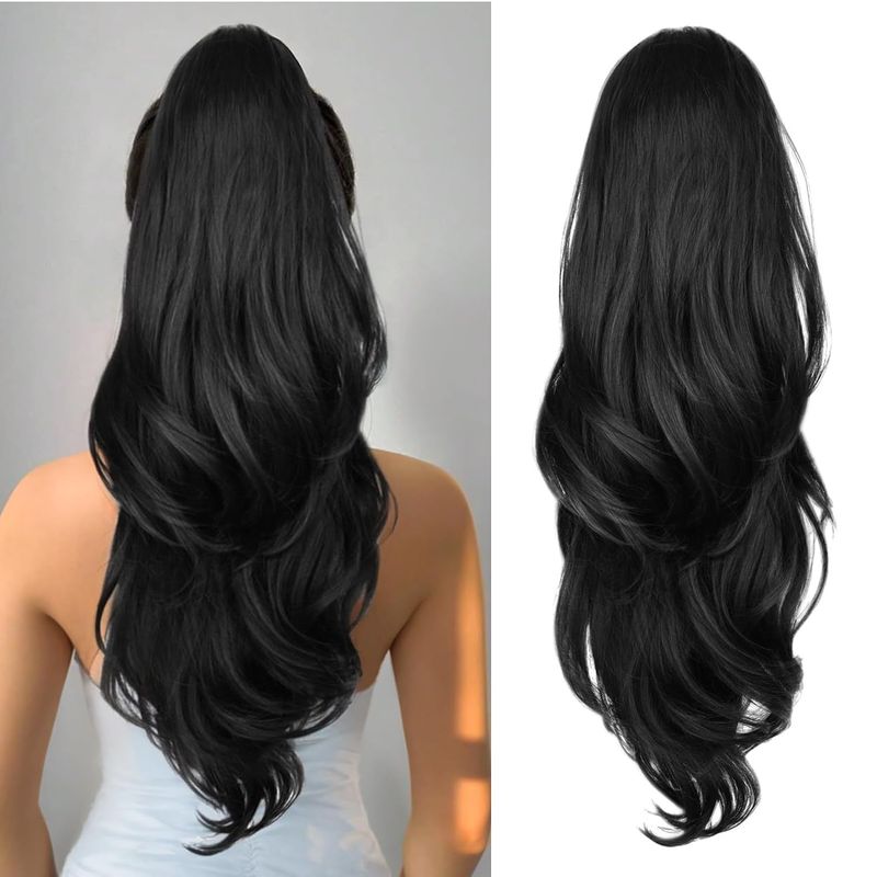 Synthetic Clip-in Wig Drawstring Ponytail Multi Layered Long Curly Hair 26 Inch Slightly Curly Long Ponytail_voghion.com