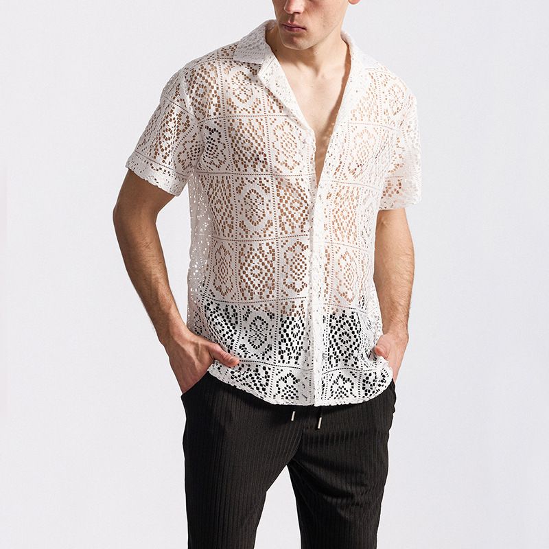 Men's Clothing Fashion Trend Lace Nightclub Disco Short Sleeved Shirt_voghion.com