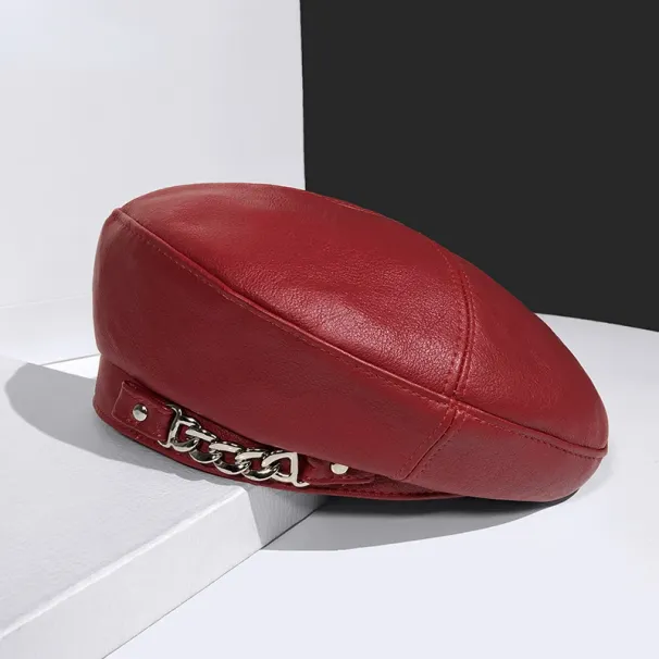 Mode Vintage Femmes Solide Casquette En Cuir Pu Chaîne Béret Artiste Français Chaud Bonnet Femme Dames Tout-Match Réglable Chapeau_voghion.com