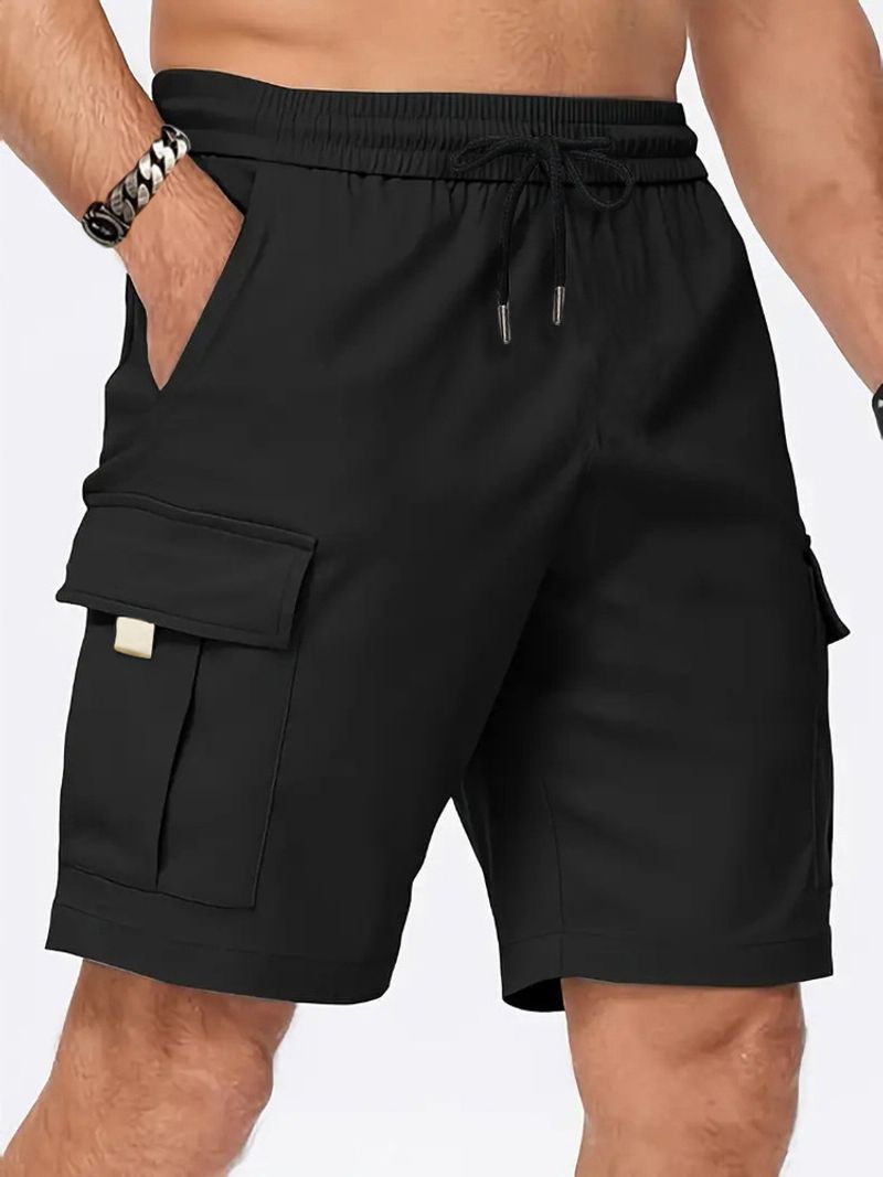Multi Pocket Woven Work Shorts Men's Solid Color Casual Loose Sports Pants Straight Leg Shorts Men_voghion.com